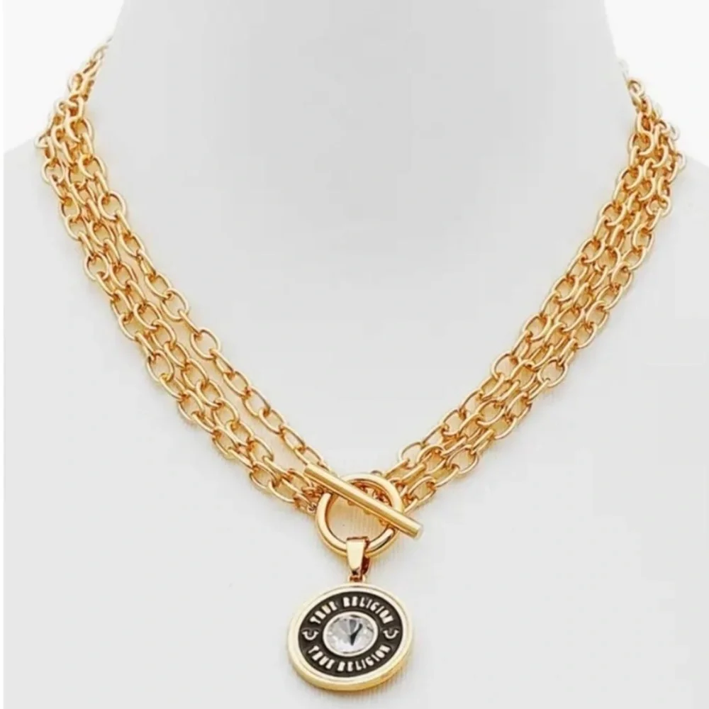 NWT True Religion Double Chain Gold Necklace With Logo Pendant